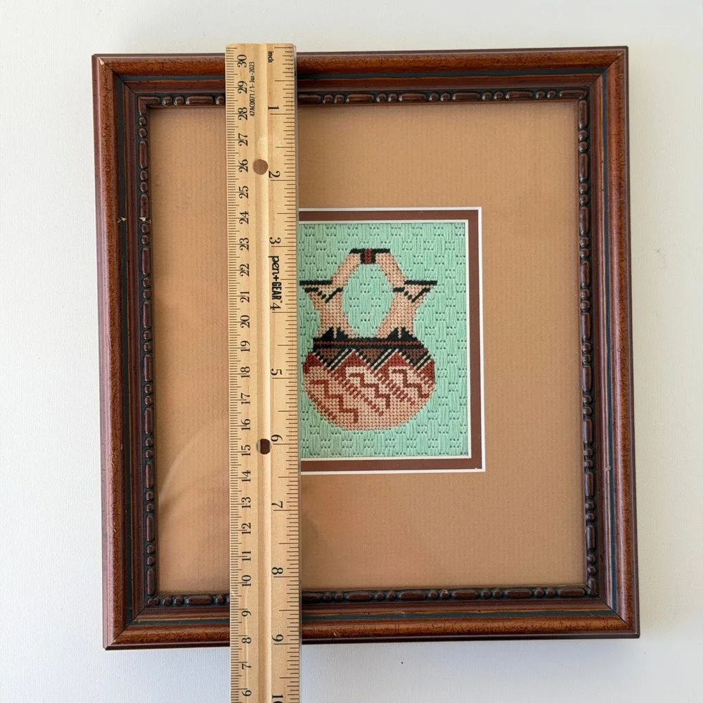 Vintage Needlepoint Framed Southwestern Navajo Pottery Gallery Wall Hanging 8x9